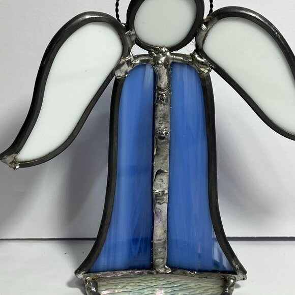 Stained Glass Angel Figurine In Blue & White With Metal Accents - Picture 2 of 7